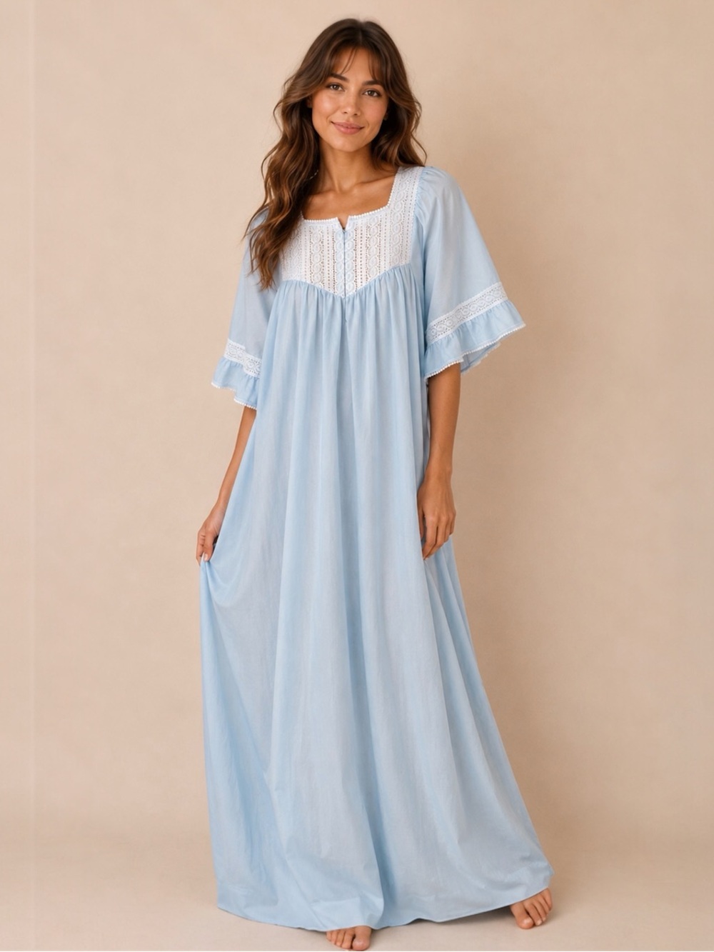 Vintage Powder Blue Lace Yoke Maxi Nightgown Cottagecore Prairie Small Medium